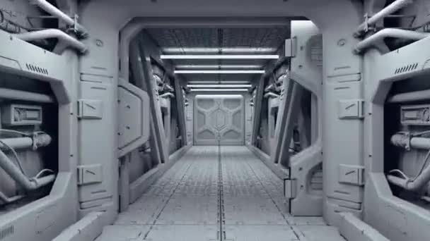 在一艘奇异的宇宙飞船上沿着一条长长的走廊前进 — 图库视频影像