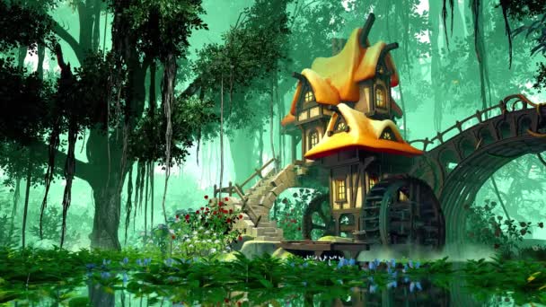 Eine Märchenhafte Hütte Umgeben Von Einem Fantastischen Wald — Stockvideo