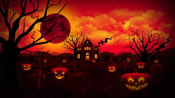 Calabazas Halloween Cementerio Castillo Fondo Con Murciélagos Brujas Volando Alrededor — Vídeo de stock