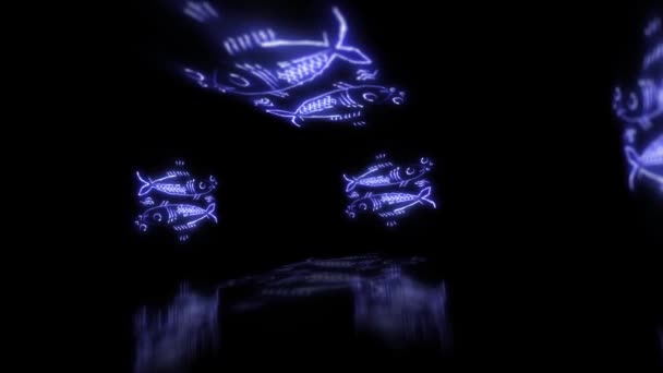 双鱼座黄道带着反射地面平面的3D房间里的星座 — 图库视频影像
