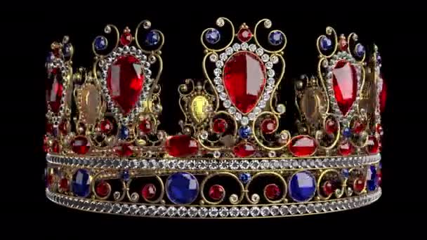 Золотая Корона Блестящими Драгоценными Камнями Вращающимися Прозрачном Альфа Фоне — стоковое видео