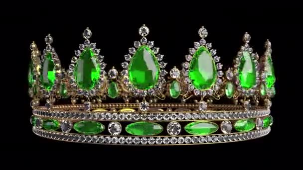 Una Corona Dorada Con Esmeraldas Brillantes Girando Espacio Con Fondo — Vídeo de stock
