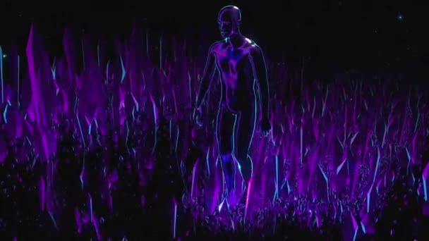 Walking Crystal Man Tłem Przestrzeni Purpurowym Kolorze Czerwonym — Wideo stockowe