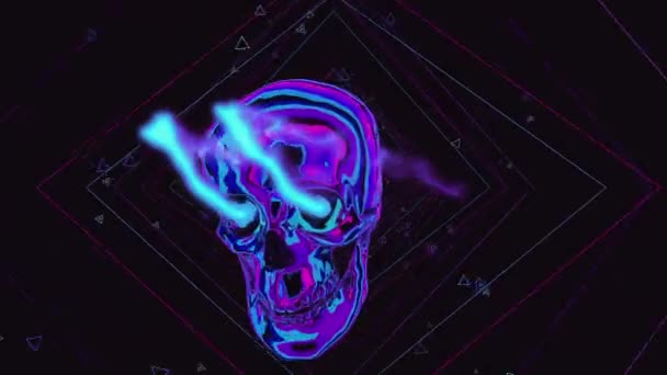 キューブ空間を飛び回る青と紫の頭蓋骨 — ストック動画