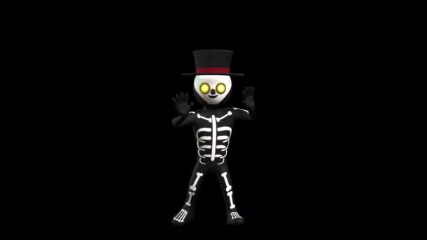 Halloween Dansare Med Hatt Och Skelett Kostym Med Transparent Bakgrund — Stockvideo