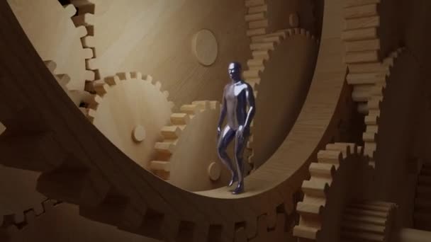 Satisfying Video Metal Man Walking Clockwork Mechanism — Vídeo de Stock