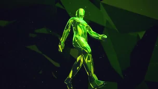 Cgi空間を歩く緑のクリスタルマン — ストック動画
