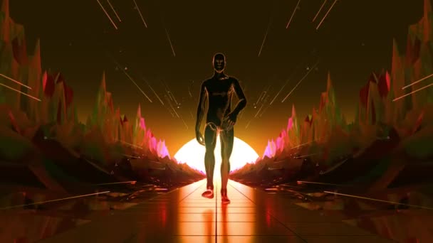 Homem Metal Caminhando Planeta Alienígena Com Sun Atrás Dele — Vídeo de Stock