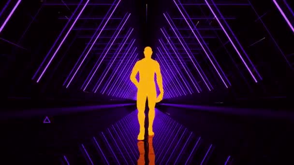 Hombre Amarillo Caminando Espacio Púrpura — Vídeos de Stock