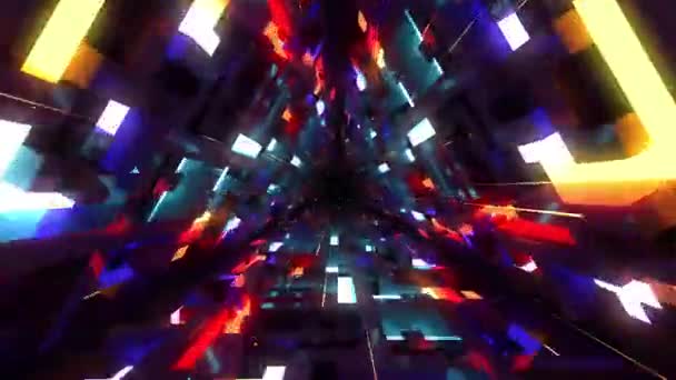 カラフルな三角形のトンネルと粒子が飛び回る — ストック動画