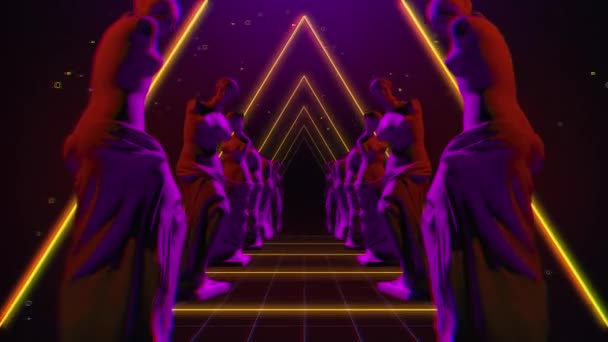 维纳斯 德米洛动画雕像在紫色和橙色三角形Vj隧道中旋转 — 图库视频影像