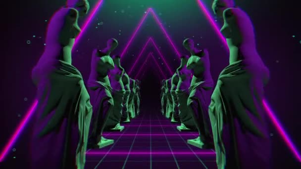 Venus Milo Анимированные Статуи Вращающиеся Треугольном Туннеле Фиолетовом Зеленом — стоковое видео
