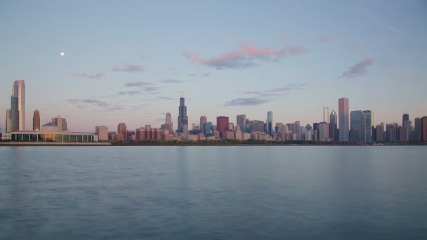 Chicago City Skyline View Morning Timelapse Full Moon Going — Stock Video
