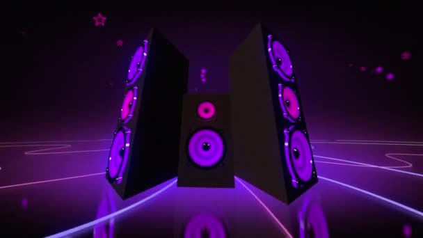 Purple Speakers Взрывают Музыку Пространстве — стоковое видео