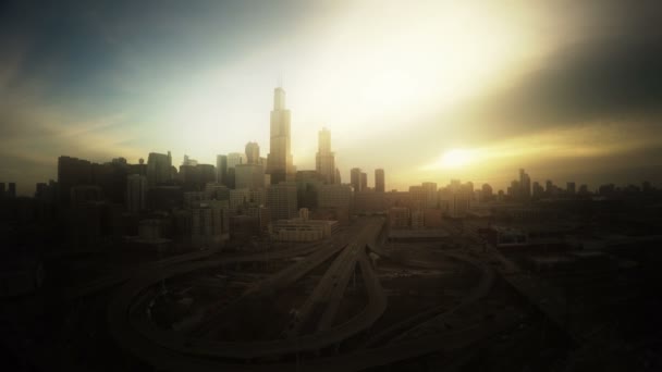 Chicago Skyline Gündoğumundaki Mistik Versiyonunun Hava Görüntüleri — Stok video