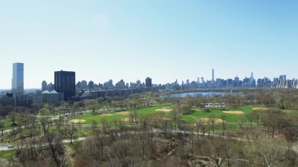 Drone Uitzicht New York Downtown Het Voorjaar Het Park — Stockvideo