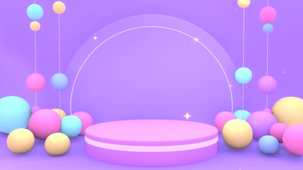 Зацикленный Фиолетовый Подиум Красочными Прыгающими Шарами Блестящей Анимацией — стоковое видео