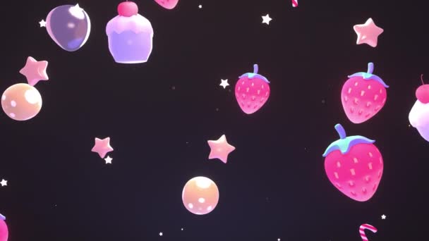 Looped Flying Cartoon Strawberries Cupcakes Candy Canes Polka Dots Balls — Vídeo de stock