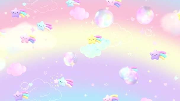 Looped Cartoon Kawaii Stars Rainbow Trails Bubbles Clouds Some Doodle — Stockvideo