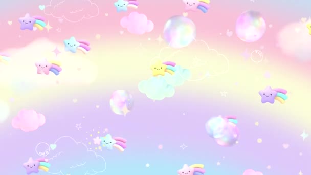 Looped Cartoon Kawaii Stars Rainbow Trails Bubbles Clouds Some Doodle — Vídeo de stock