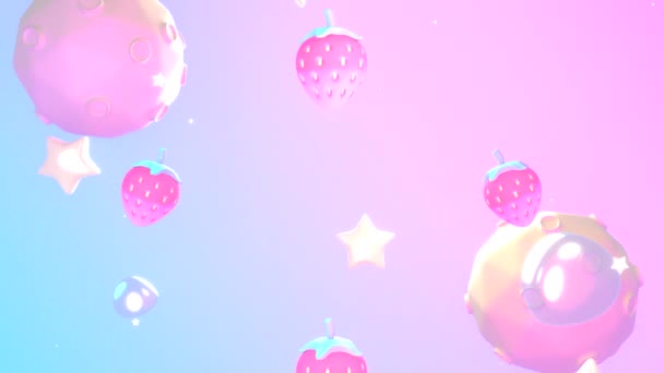 Looped Flying Cartoon Strawberries Planets Stars Bubbles Animation — Stok video