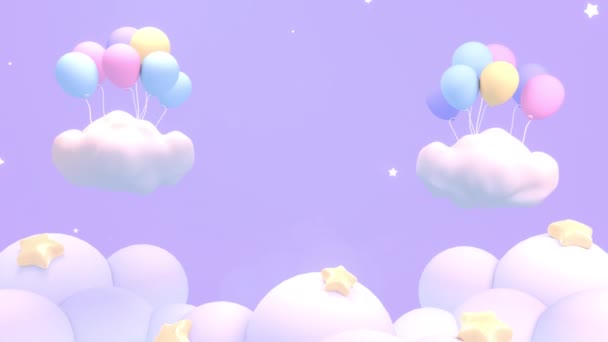 Looped Passing Pastel Purple Sky Balloons Clouds Stars Animation — Vídeo de stock