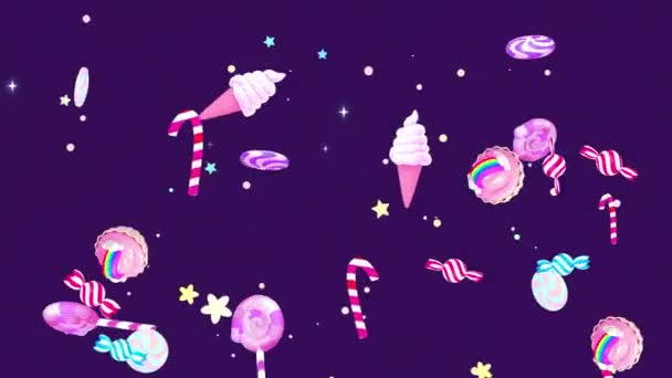 Looped Bouncing Cartoon Candies Desserts Purple Background Animation — Stockvideo
