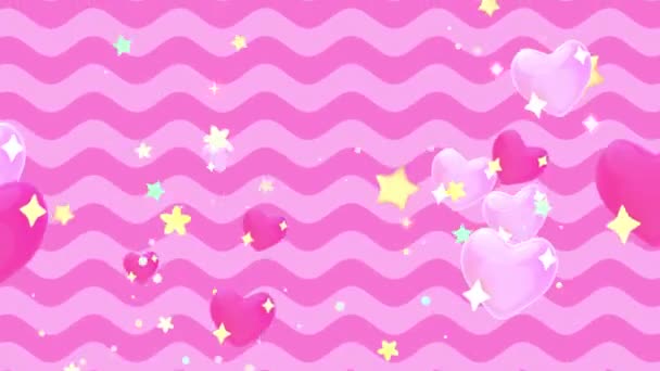 Looped Animation Cartoon Hearts Stars Bouncing Pink Wavy Pattern Background — Vídeo de stock