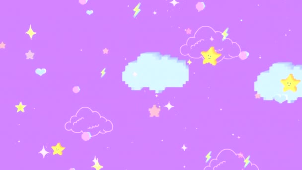 Цикл Пиксельный Стиль Мультфильм Каракули Улыбающиеся Звезды Облака Фиолетовом Небе — стоковое видео