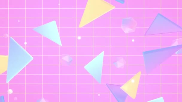 Looped Animation Colorful Triangles Icosahedrons Spheres Floating Pink Grid Background — Vídeos de Stock