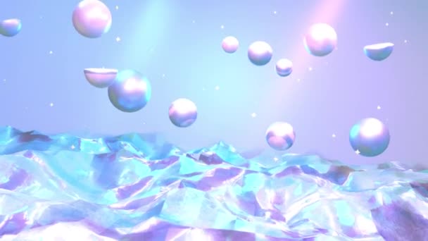 Looped Neon Glossy Terrain Floating Spheres Animation — Stockvideo