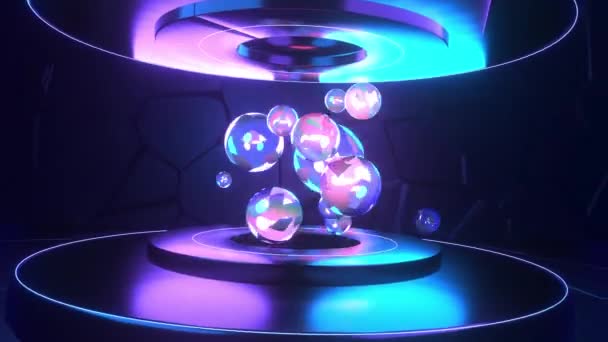 Looped Neon Glossy Podiums Glass Spheres Floating Random Motions — Stock video
