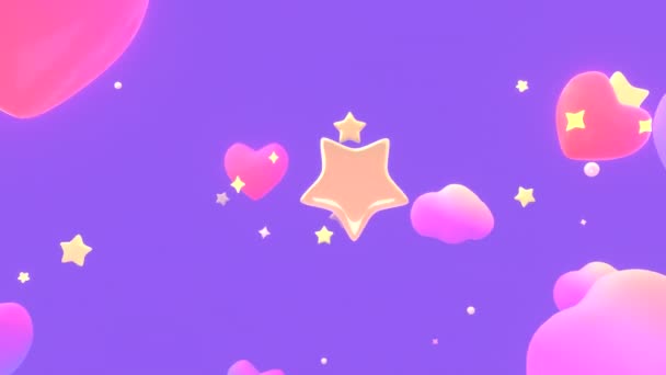 Looped Cartoon Hearts Diamond Stars Clouds Purple Sky Animation — Vídeo de stock