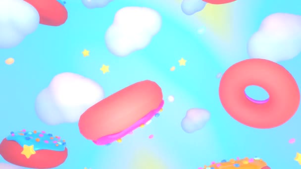 Looped Cartoon Colorful Donuts Flying Sky Animation — Stock Video