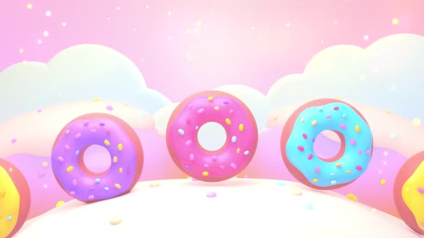 Looped Cartoon Colorful Donuts Bouncing Creamy Hill Animation — Vídeo de stock
