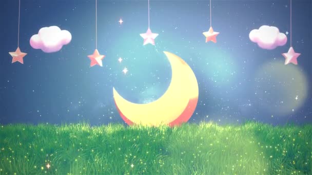 Looped Cartoon Yellow Crescent Moon Hanging Stars Fireflies Flying Green — 비디오