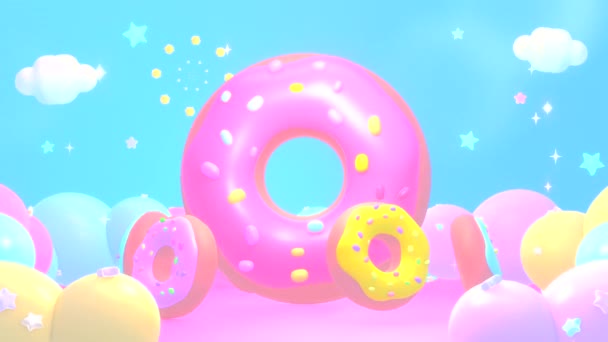 Петлевий Мультфільм Барвисті Маленькі Пончики Танцюють Навколо Рожевого Гігантського Пончика — стокове відео
