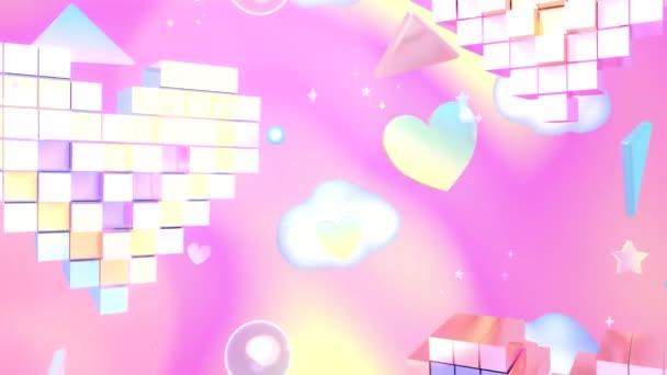 Looped Flashing Rainbow Voxel Hearts Various Geometric Objects Glowing Sparkles — Vídeos de Stock
