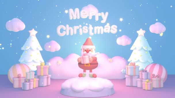 Looped Animation Cartoon Santa Claus Holding Gift Box Dancing Podium — Wideo stockowe