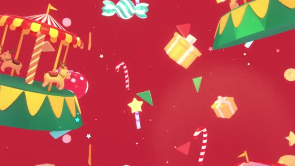 Looped Cartoon Christmas Reindeer Carousel Various Festive Objects Candy Canes — Vídeos de Stock