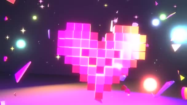 Looped Pumping Neon Voxel Heart Various Geometric Objects Glowing Sparkles — Vídeos de Stock