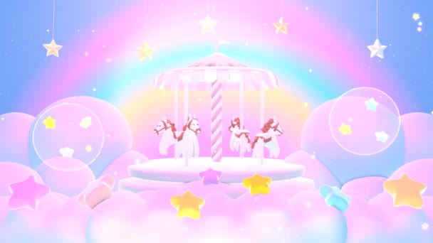 Looped Sweet Rainbow Carousel World Hanging Stars Animation — ストック動画