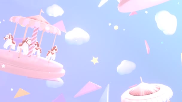 Looped Pastel Carousels Stars Clouds Floating Sky Animation — Stock video