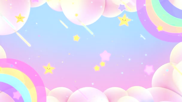 Looped Kawaii Doodle Smiling Stars Pastel Rainbow Clouds Sky Animation ストック動画