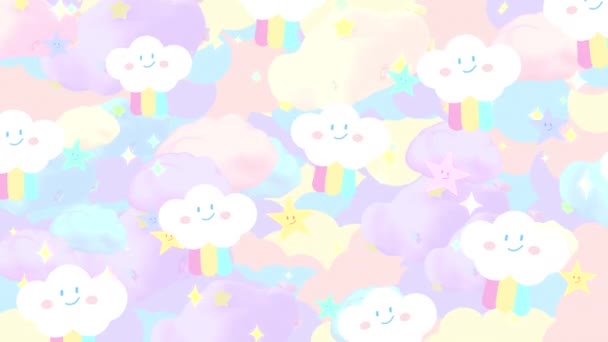 Looped Kawaii Pastel Doodle Rainbow Clouds Smiling Face Sky Animation — ストック動画