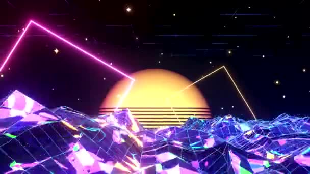 Looped Neon Glossy Terrain Glowing Square Tubes Grid Lines Sunset — Vídeo de Stock