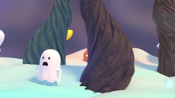 Looped Cartoon Cute Ghosts Forest Night Animation — Stock Video