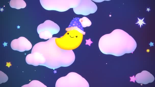 Looped Adorable Smiling Moon Wearing Nightcap Fluffy Pom Pom Starry — Vídeo de Stock