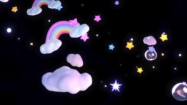 Looped Cartoon Rainbow Clouds Bubbles Stars Sky Animation — ストック動画