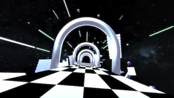 Looped Passing Outer Space Corridor Floating Stairs Columns Animation — Stockvideo